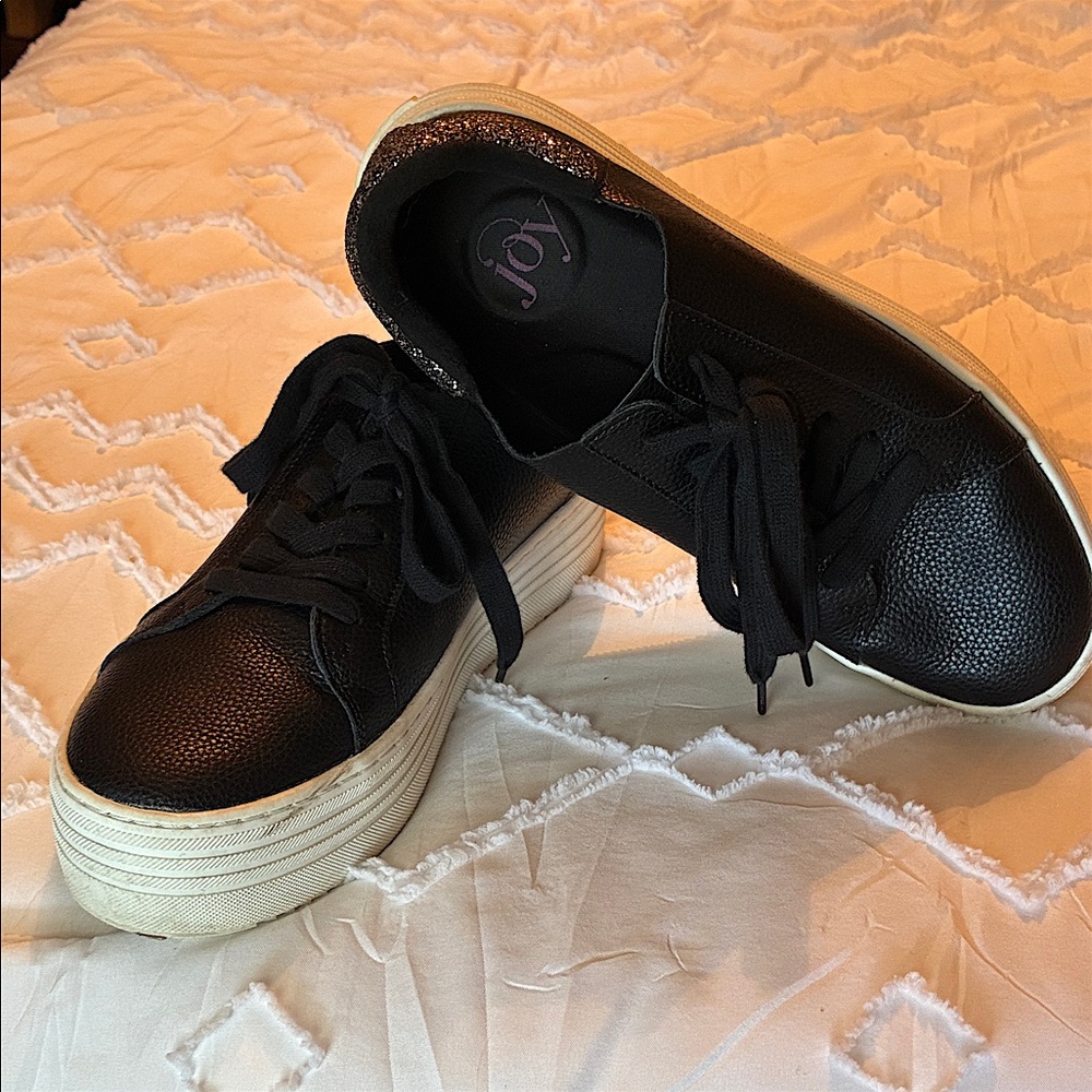 Joy Black Lace-Up Leather Platform Sneakers with Glitter Heel Accent